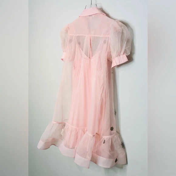 Anthropologie Maeve Pink Sheer Beaded Embroidered Short Sleeve Mini Dress NWT - Picture 9 of 15